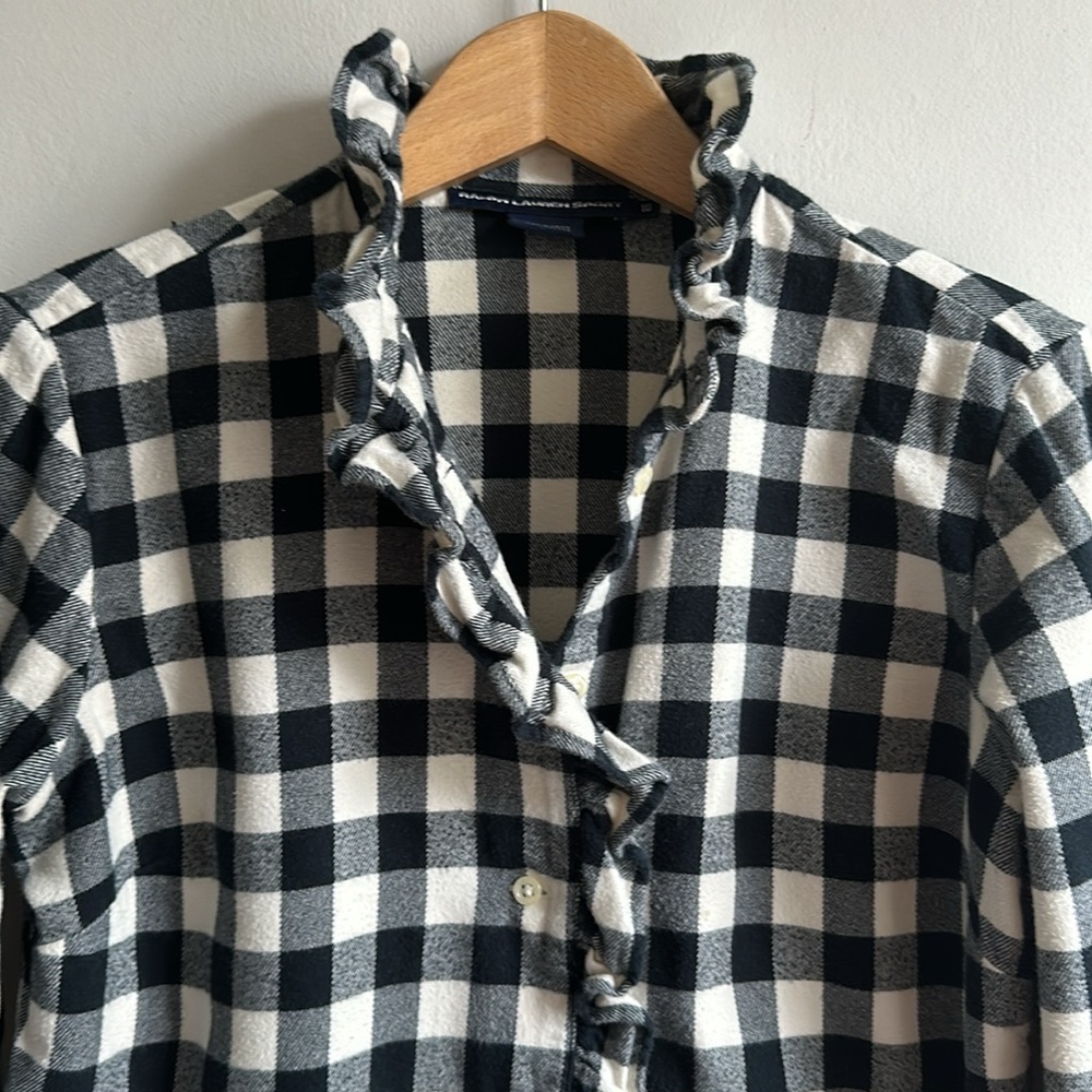Ralph Lauren brush cotton flannel check shirt with ruffled trim women’s medium - Picture 4 of 9